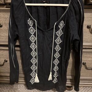 Lucky Brand Black Blouse with White Embroidery
